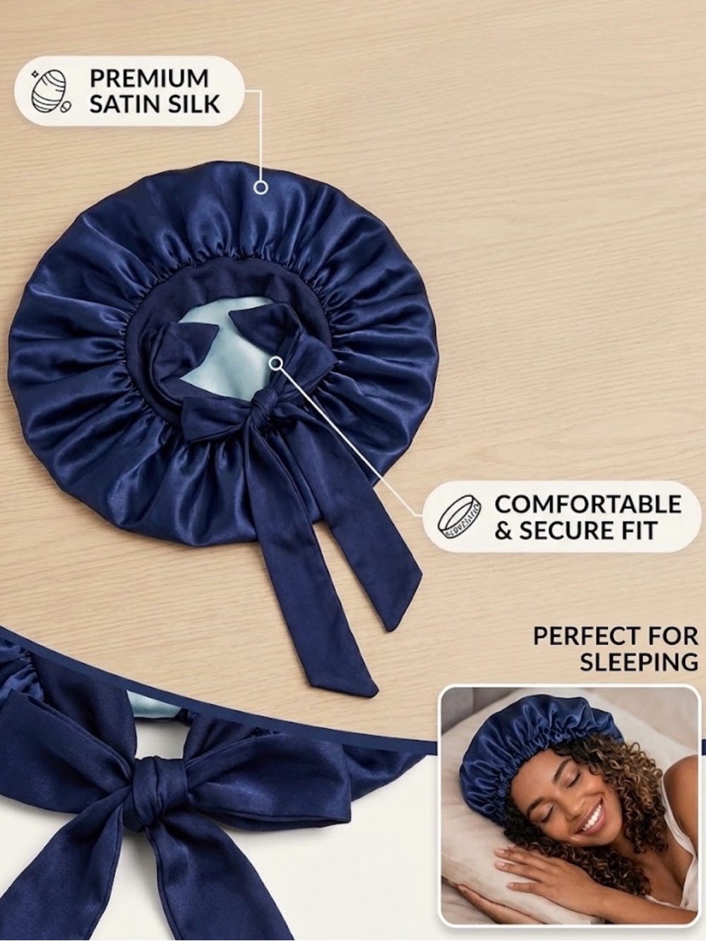 NWOT Unbranded Royal Blue Satin Silk Sleep Bonnet Cap